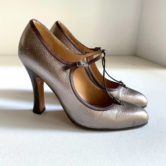 Marni Metallic Gold Mary Jane T Strap Almond Toe  Heels 36.5 - Picture 1 of 8